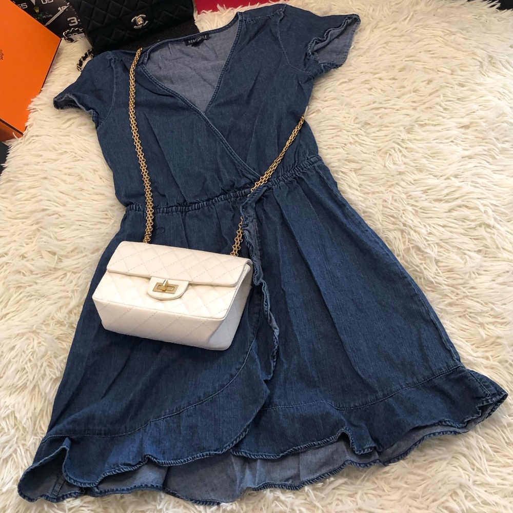 MERCANTILE J. CREW Short Sleeve Chambray Ruffle Faux Wrap Dress (Free Mystery…